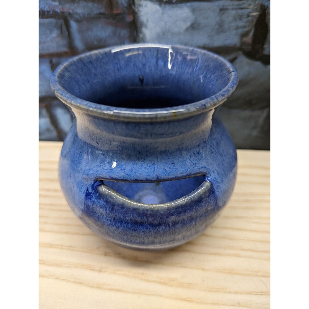 Vintage Artist Signed Studio Art Blue  Glaze Pottery Egg Separator Gift Handmade